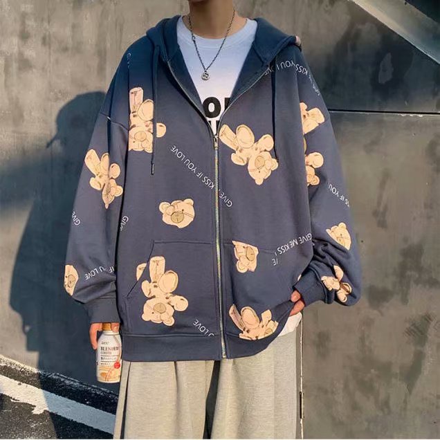 Áo Khoác Hoodie Dáng Rộng In Hình Gấu Đơn Giản Phong Cách Hàn Quốc Thời Trang Trẻ Trung Cho Nam