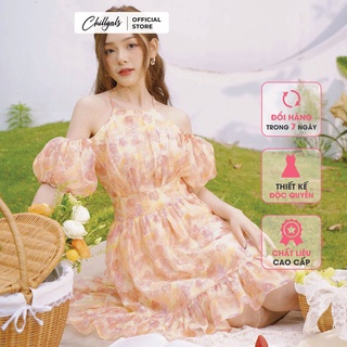 Váy trễ vai dây yếm Chillgals hoa cam xòe bồng Cherry Berry Dress VA-037