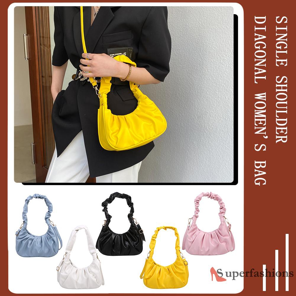 【Hot Sale】Fashion Women Pure Color Canvas Shoulder Underarm Bag Pleated Hobos Handbag