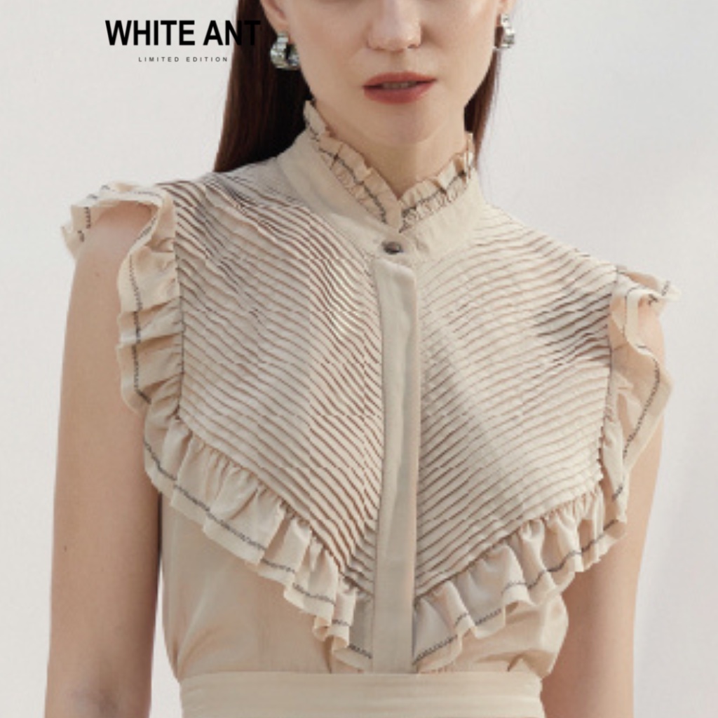 Áo Không Tay Chạy Ziczac Bèo Cổ Nữ WHITE ANT MIE SHORT SHIRT Thiết Kế Phần Ngực Xếp Li Nhỏ, Chất Lụa Satin 170300215
