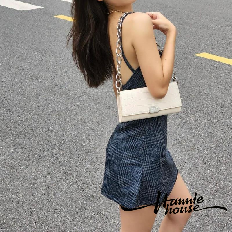 Hannie-đầm Hai Dây Hở Lưng Dáng Ôm Họa Tiết Kẻ Sọc Bằng Kim Loại Trang Trí Dành Cho Bạn Nữ
