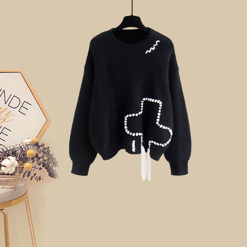 Plus Bộ Áo Sweater Dệt Kim Dáng Rộng Phối Quần Dài Ống Rộng Thời Trang Mùa Đông 2021 Cho Bạn Gái