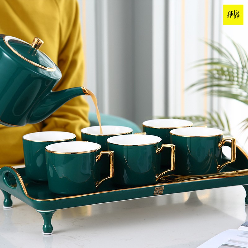 Bộ ấm trà, bộ ấm trà bằng sứ màu xanh cổ vịt và tím than mạ vàng kèm khay sứ/khay mạ vàng phong cách Bắc Âu