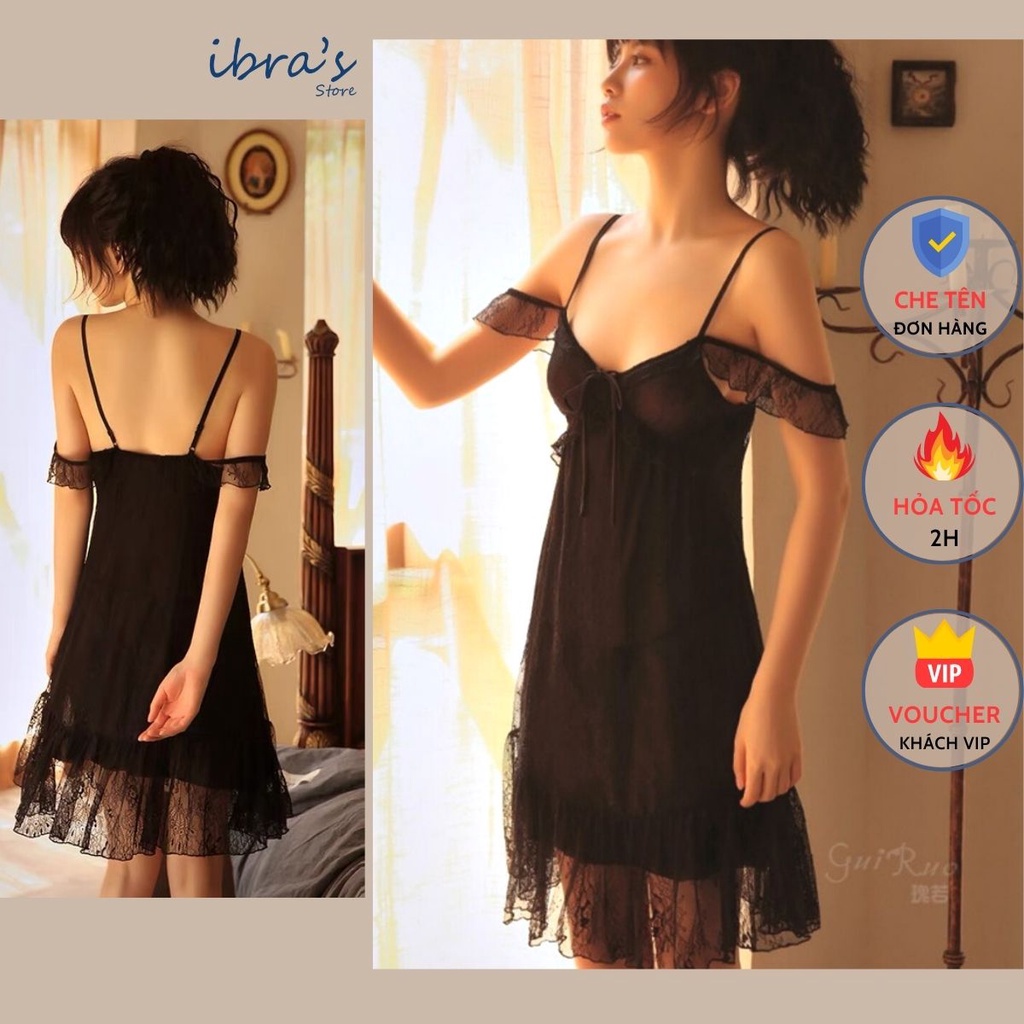 Váy Ngủ Sexy Gợi Cảm Xuyên Thấu iBRA'S STORE Đồ Ngủ Sexy Nữ Trễ Vai Ren Hoa Thêu Lưới Mỏng Nóng Bỏng Quyền Rũ mặc nhà V2