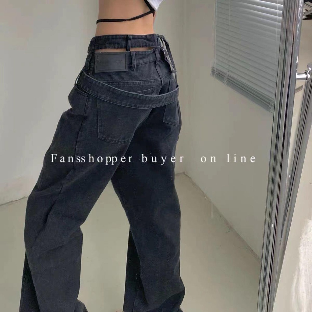 Quần Jean Dài Dáng Suông Rộng Phối Dây Ruy Băng Cá Tính