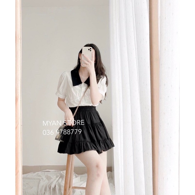 sét bộ váy ngắn phối áo kiểu cổ bẻ sơ mi ngắn tay