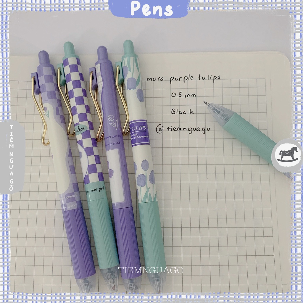 Bút gel MURA mực đen ngòi kim cao cấp 0.5mm hoạ tiết Purple Tulip - Tiệm Ngựa Gỗ