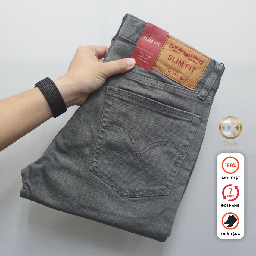 Quần Kaki Nam Doki Màu Ghi DKA-07, Quần Kaki Jean dáng ôm đứng, Chất vải co giãn thoải mái