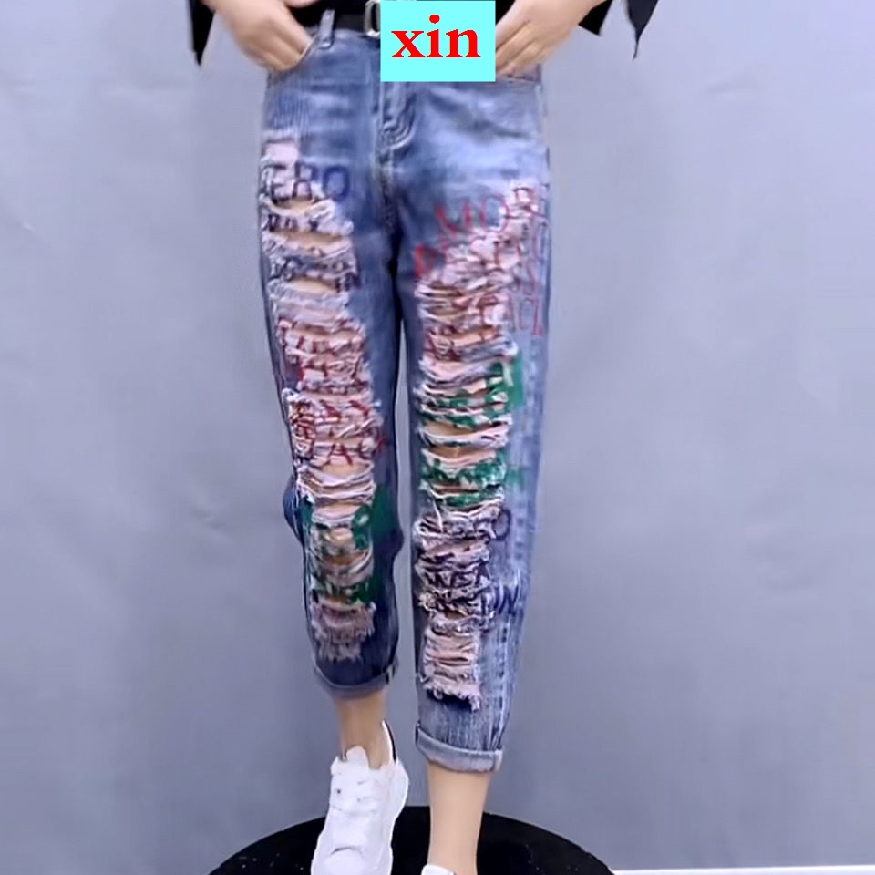 Quần Jeans Dài Phối Vết Rách Phong Cách Hàn Quốc Thời Trang Cho Nữ