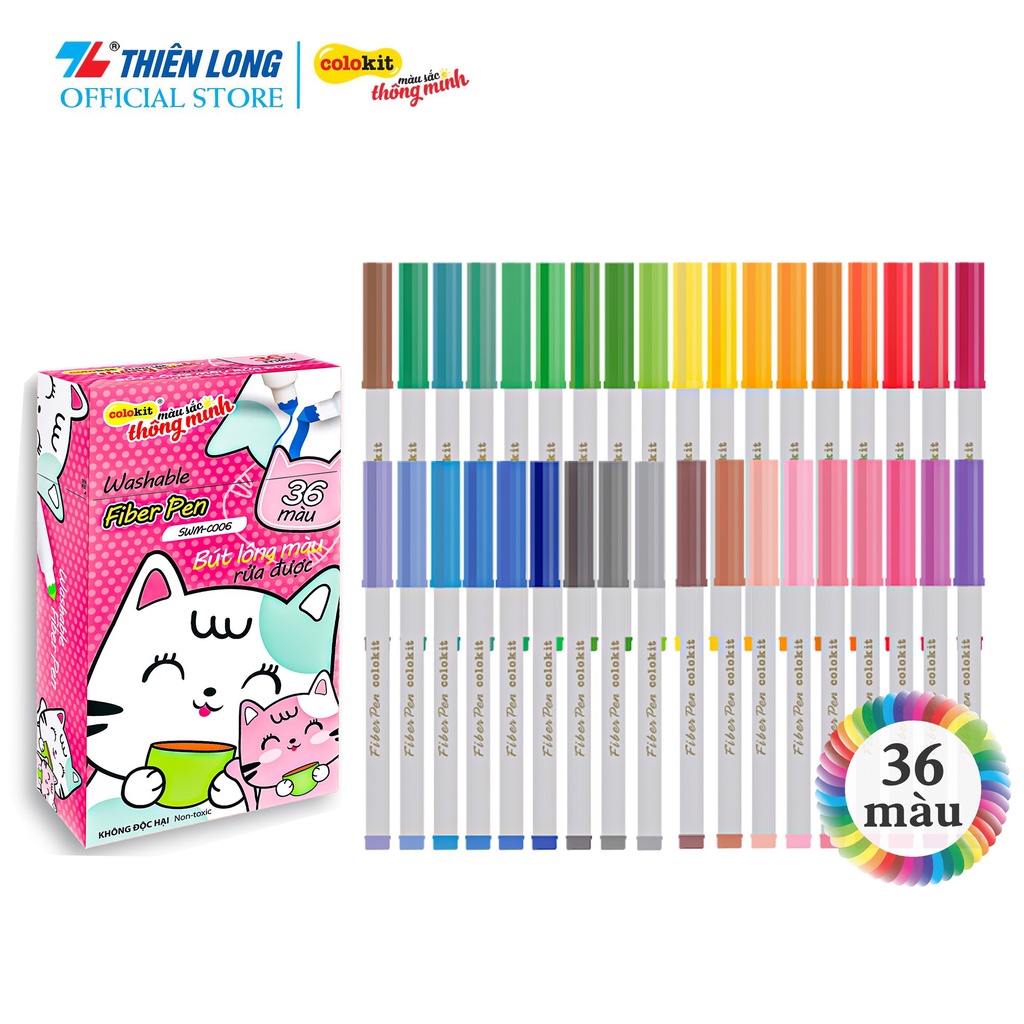 Bút lông 36 màu Fiber Pen Washable - Nét mảnh nét to - Colokit SWM-C006