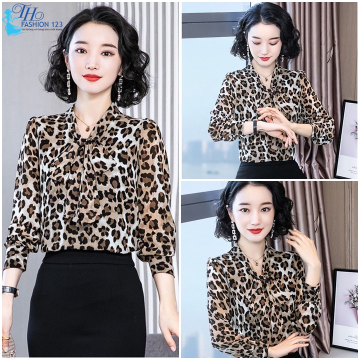 Áo da beo tay dài cổ nơ