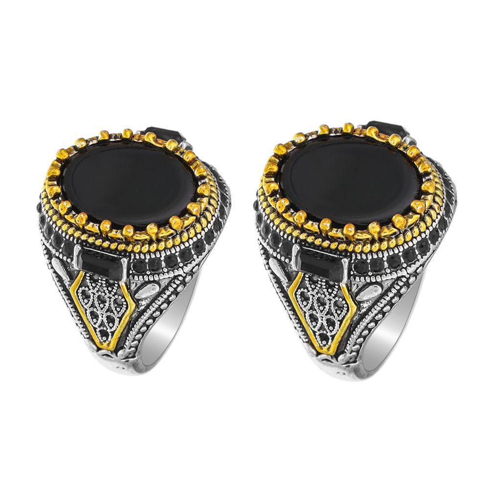 Nhẫn Nam Đính Đá Onyx Màu Đen Phong Cách Punk