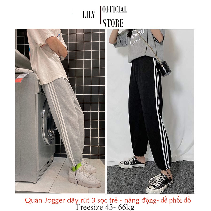 Quần Jogger Nữ Nam 3 Sọc Form Ống Rộng Thể Thao Có Thể Để Xuông Hoặc Rút Dây Bo Gấu Màu Trắng, Đen, Xám