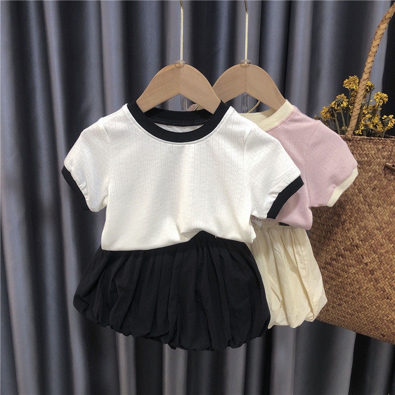 Set Áo Thun Tay Ngắn Phồng Màu Trơn Phối Chân Váy Thời Trang Hè Hàn Quốc 2023 Mới Cho Bé Gái