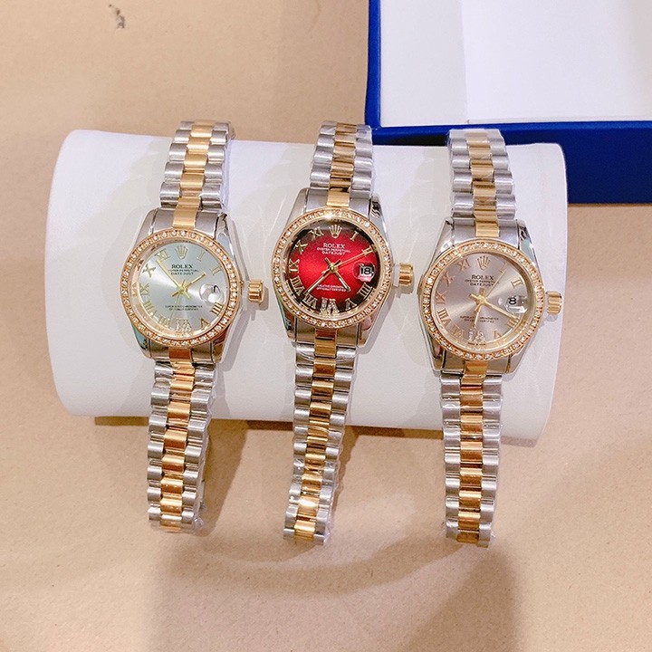 [Cao Cấp]Đồng hồ Rolex mini nữ mặt size 26mm đính hạt dây màu Denim đúc hợp kim NGUYÊN KHỐI không gỉ, không phai màu