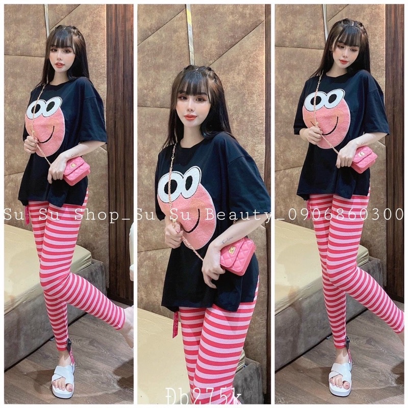 Set Bộ Áo Thun Thêu Gấu Nổi Phối Quần Legging Sọc