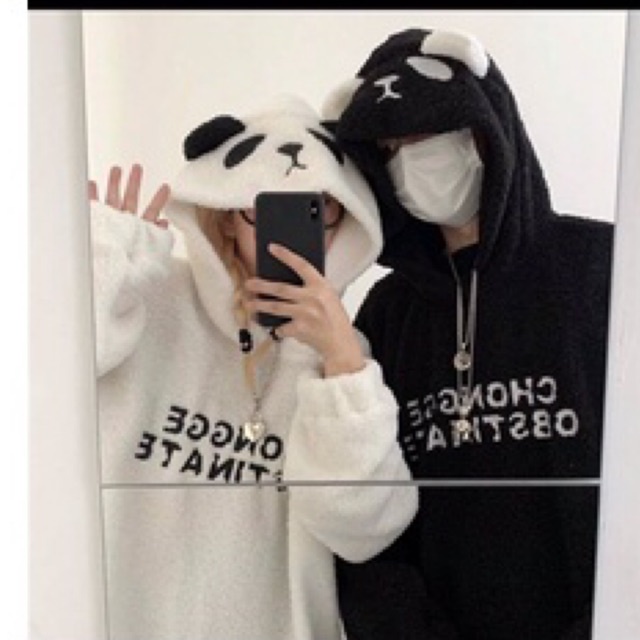 áo hoodie lông mũ tai gấu trúc panda thêu chữ ngực DH | BigBuy360 - bigbuy360.vn