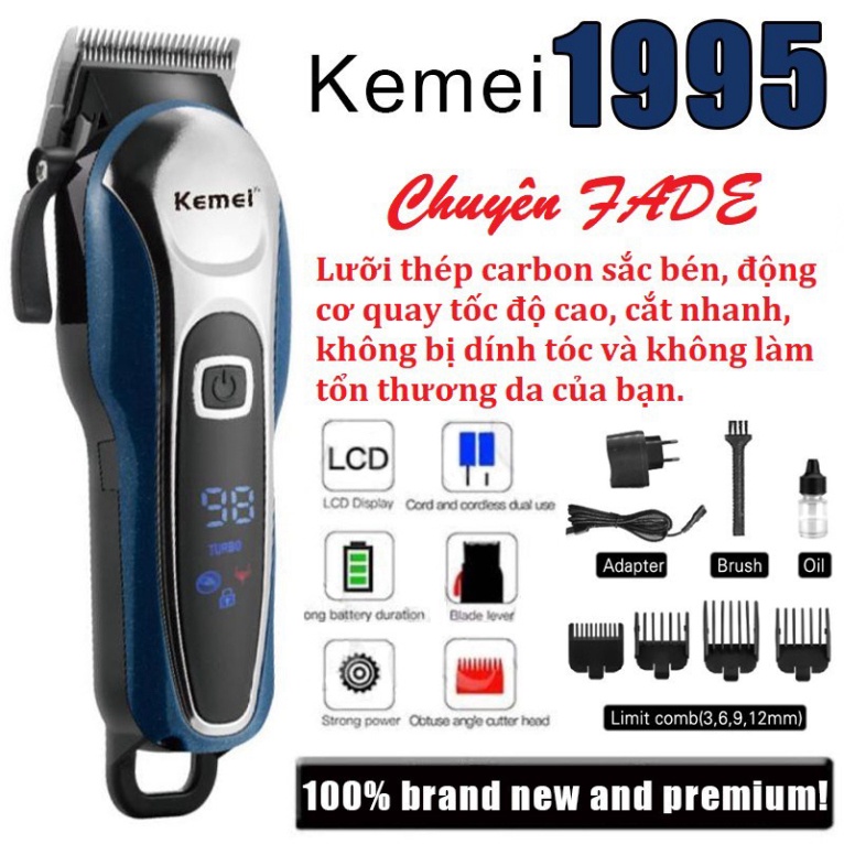 CHÍNH HÃNG - Tông Đơ Cắt Tóc Không Dây Cao Cấp-Kemei KM 1995 - Dùng Cho SaLon, Thợ Chuên Nghiệp