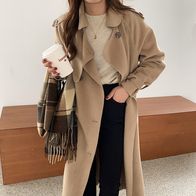 Áo khoác dạ len ép dáng dài phong cách Hàn quốc thu đông