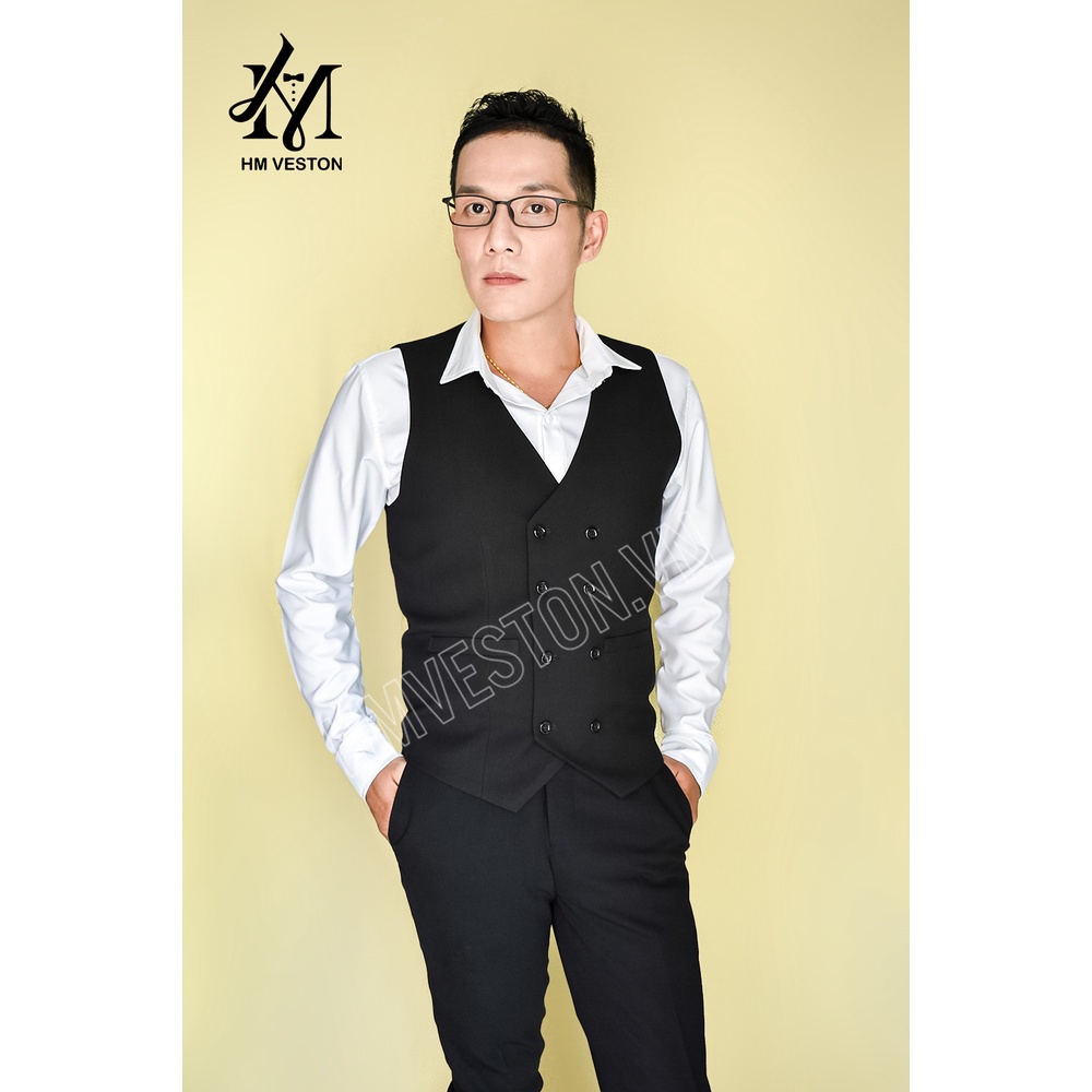 Áo gile nam màu đen 8 nút form ôm body + nơ đen