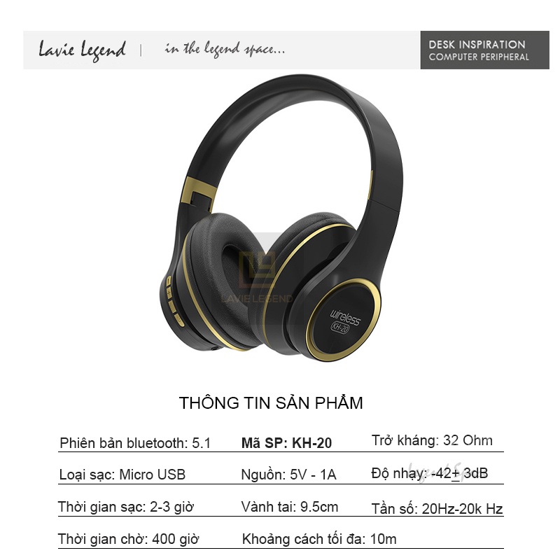 Tai nghe bluetooth chụp tai KH-20 có mic Tai nghe gaming âm thanh nổi Hifi bass mạnh, trải nghiệm âm thanh đỉnh cao