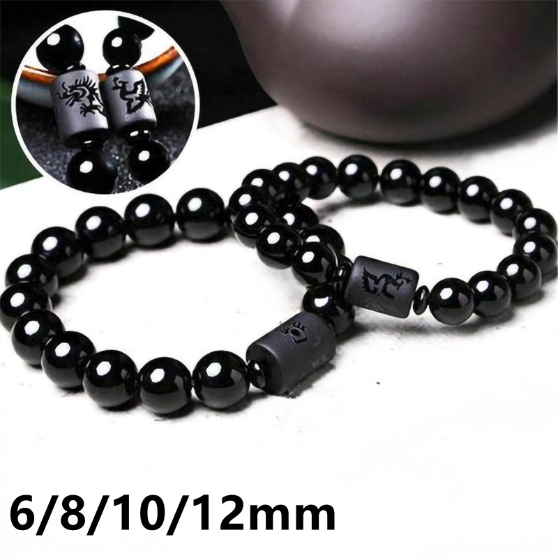 Vòng Tay Chuỗi Hạt Đá Obsidian Màu Đen Kích Thước 6/8/10/12mm Phong Cách Unisex