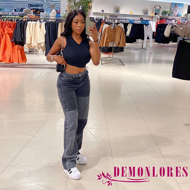 Quần Jeans Dài Lưng Cao Phối Màu Thời Trang Cho Nữ