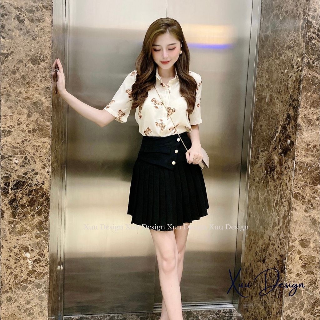 Áo sơ mi nữ cộc tay Xuu Design, Áo sơ mi kiểu họa tiết trẻ trung chất vải lụa Hàn mềm mát SK04