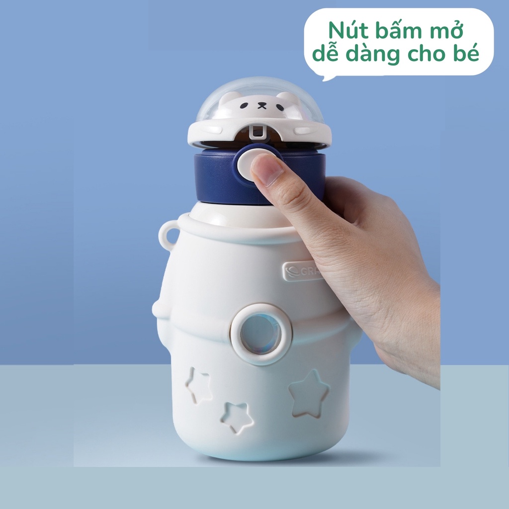 Bình nước giữ nhiệt cho bé 500ml phi hành gia cute có ống hút mini, bình inox 316 khắc tên