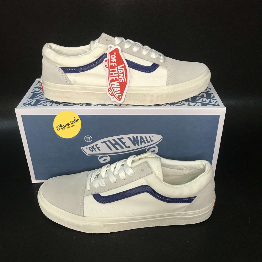 [Tặng Kèm Hộp + Vớ Xinh] Giày Sneakers Vans Trắng Xám Sọc Xanh Dương Da Lộn R11 Giày Vans Style 36 Siêu Đẹp | BigBuy360 - bigbuy360.vn