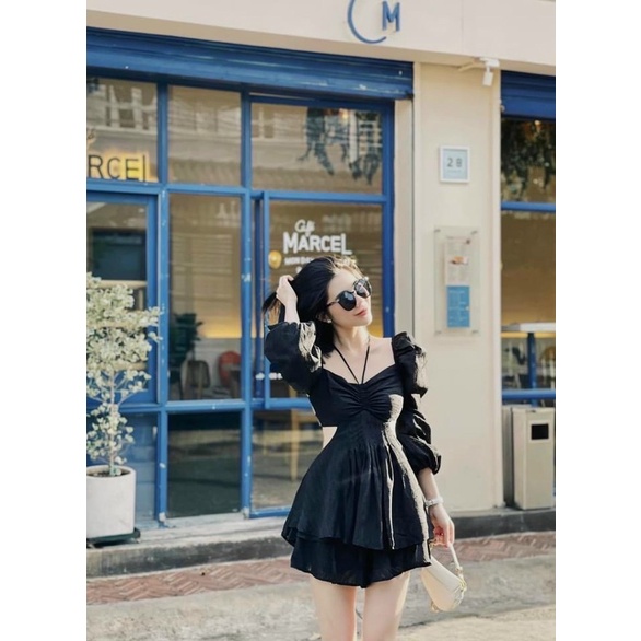Set áo tay dài dáng peplum hở lưng đan dây sau + quần short sang chảnh