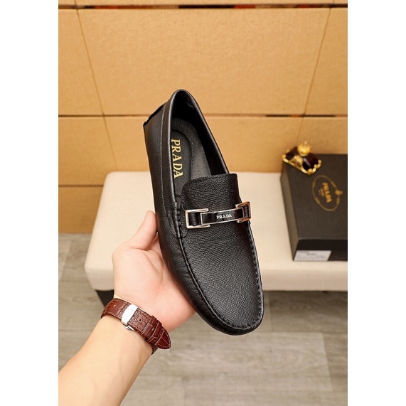 Giày lười nam mẫu mới da thật thương hiệu Prada cao cấp màu đen thời trang lịch lãm