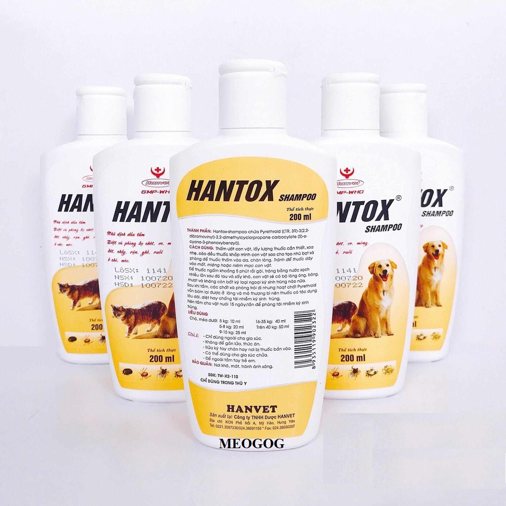 Sữa Tắm Trị Ve Rận Bọ Chét Chó Mèo Hantox Shampoo Vàng 200ml MEOGOG