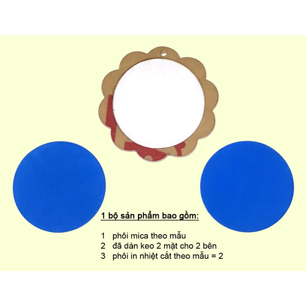 Phôi móc khóa IN CHUYỂN NHIỆT - viền mica 3mm trong suốt cắt hoa văn 5 mẫu. in 2 mặt bóng đẹp như mica