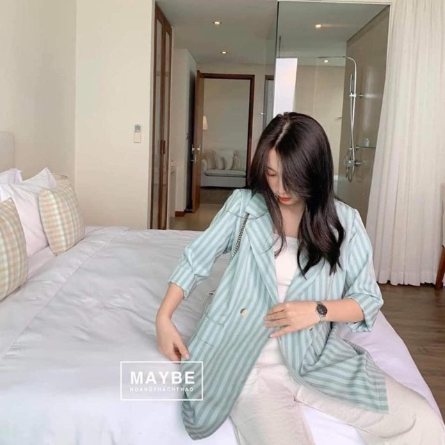 [SẴN SG] Áo Khoác Vest Form Rộng Nữ 🌸 Blazer kẻ sọc màu xanh phối túi lớn kiểu dáng ulzzang hàn quốc SIÊU HOT 🌸 | BigBuy360 - bigbuy360.vn