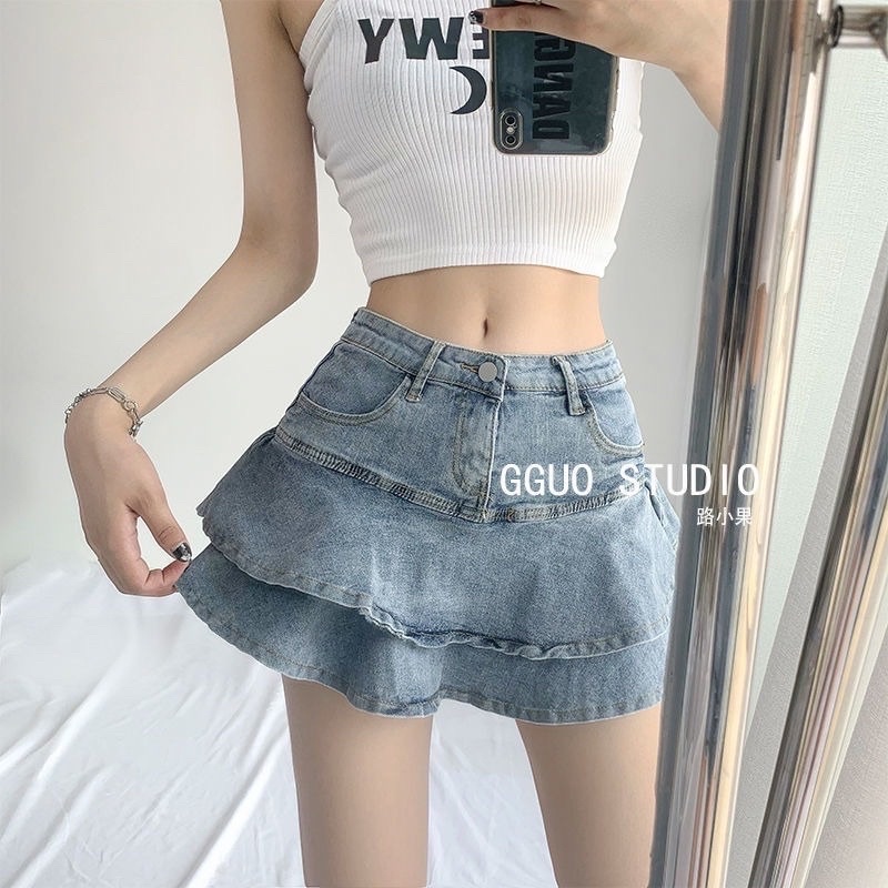 Ulzang Chân váy jean tầng ullzang có may kèm quần bên trong