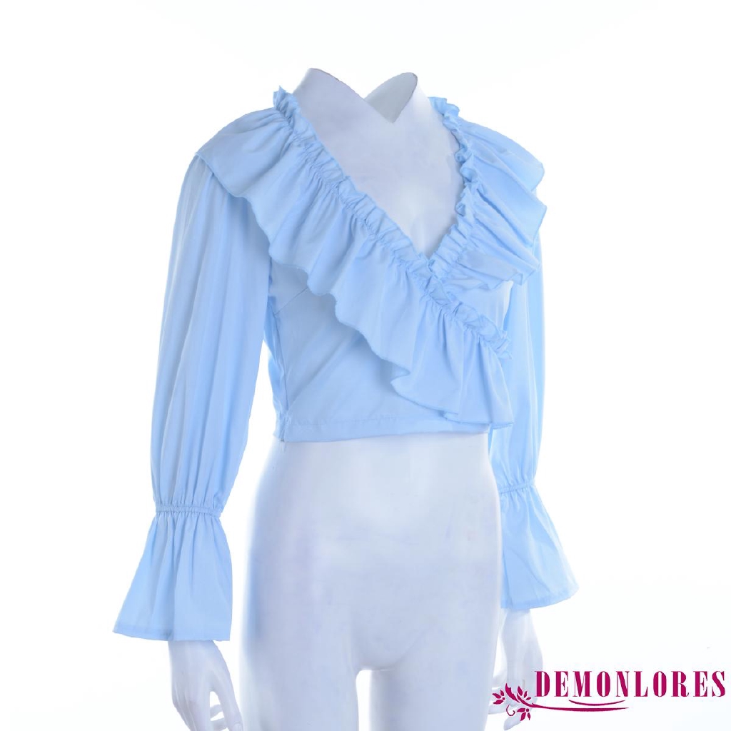 Áo croptop tay phồng dài cổ chữ V phối bèo thời trang mùa thu dành cho nữ