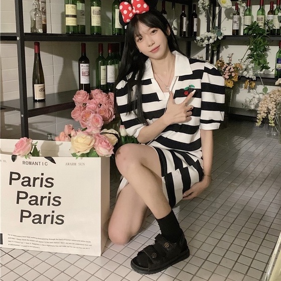 Áo thun polo dệt kim ZHELIHANGFEI dáng rộng họa tiết kẻ sọc trẻ trung sáng tạo