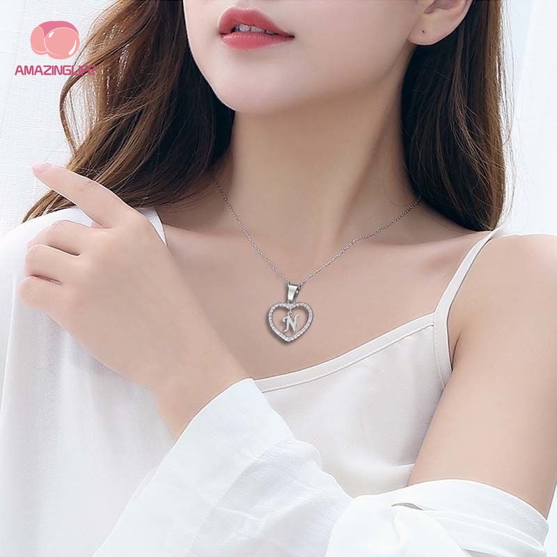 [Amazinglife] Vòng cổ Kim Loại Mặt Chữ Cái Tiếng Anh / Trái Tim Đính Đá Đơn Giản Sáng Tạo / Quà Tặng Bạn Gái