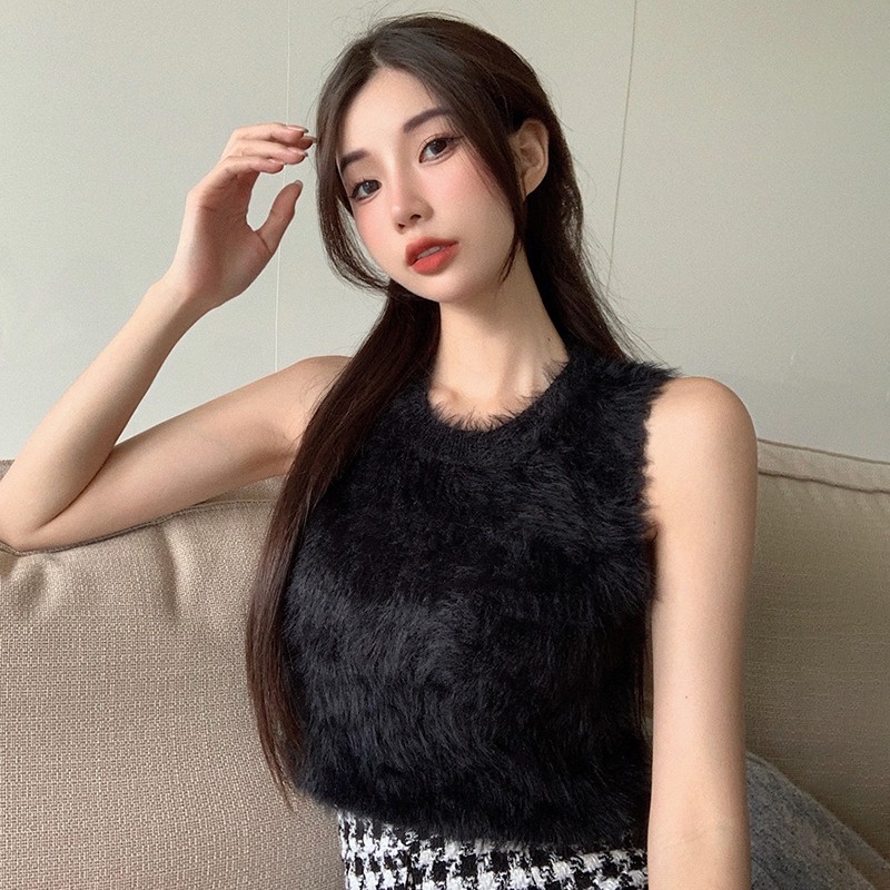Áo Croptop Dệt Kim Không Tay Cổ Tròn Màu Sắc Đơn Giản Cho Nữ