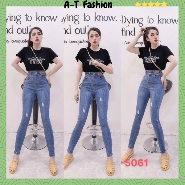 Quần jean nữ lưng cao ❤️FREESHIP❤️ Quần bò nữ mẫu mới 2 nút kết hợp rách nhẹ thời trang trẻ trung A-T Fashion - QJN5061