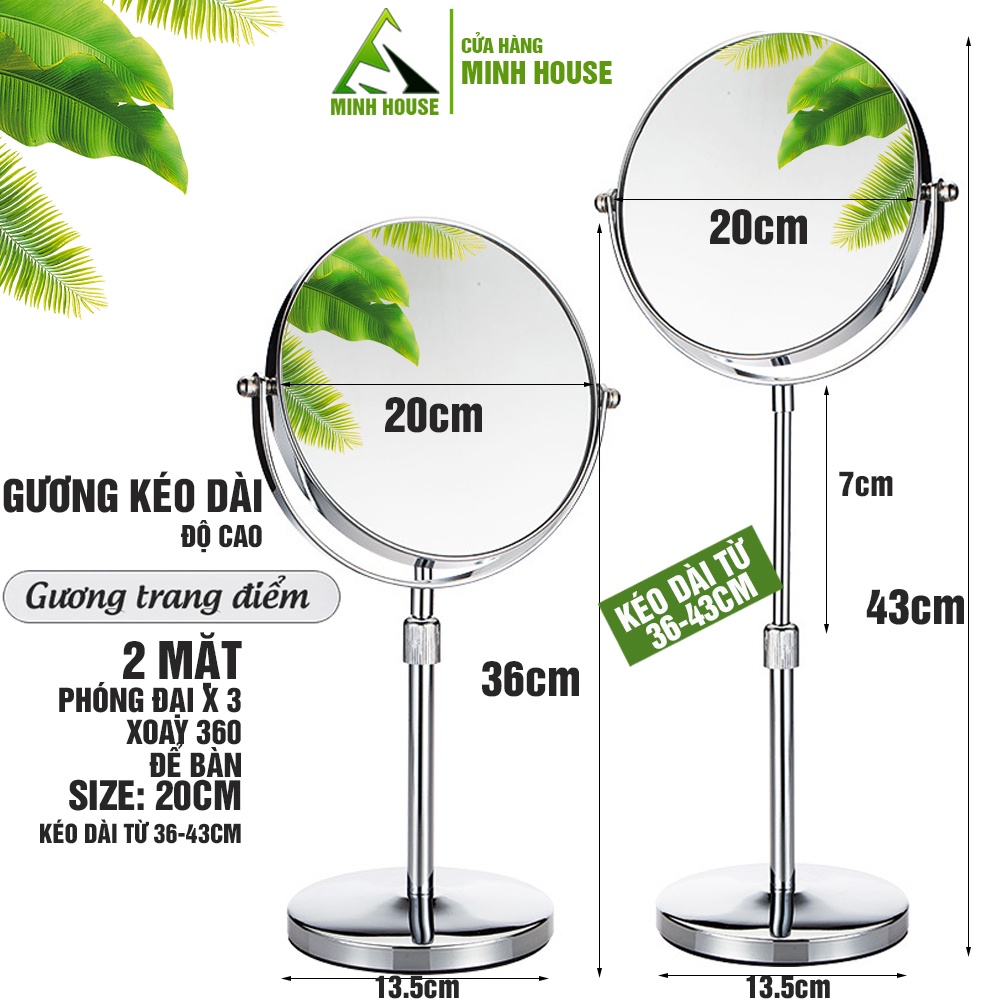 Gương trang điểm để bàn Kéo dài 20cm, Crom, phóng đại zoom x3, 2 mặt xoay Minh House