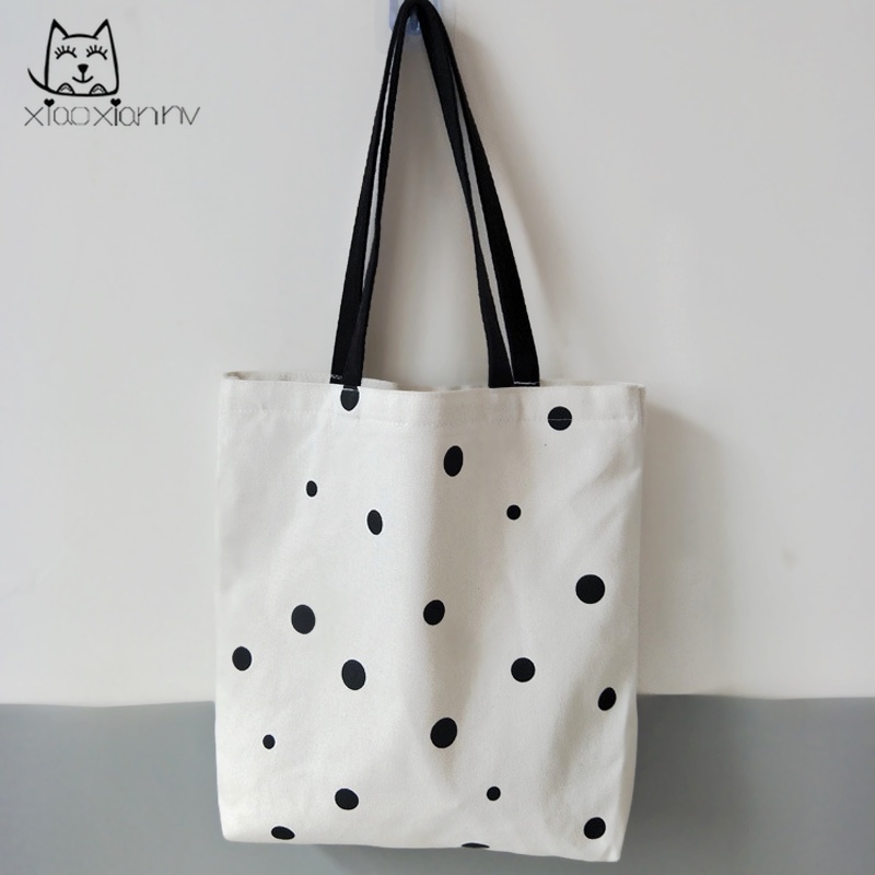 Túi Xách Tay Bằng Vải canvas Hoa Văn Chấm Bi Dễ Thương Dễ Phối Đồ Dành Cho Nữ