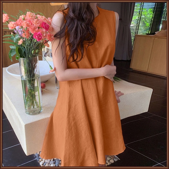 Đầm Ngắn Sát Nách Cổ Tròn Tròn Màu Trơn Bằng Vải Lanh Cotton Cho Nữ