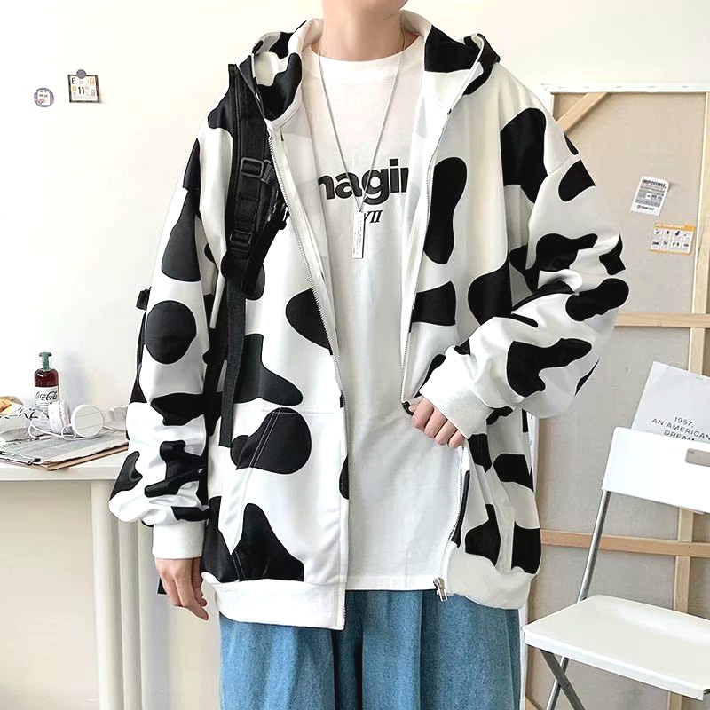 Áo Khoác Khóa Kéo Có Nón In Hình Bò Sữa Thời Trang Dành Cho Nam Và Nữ