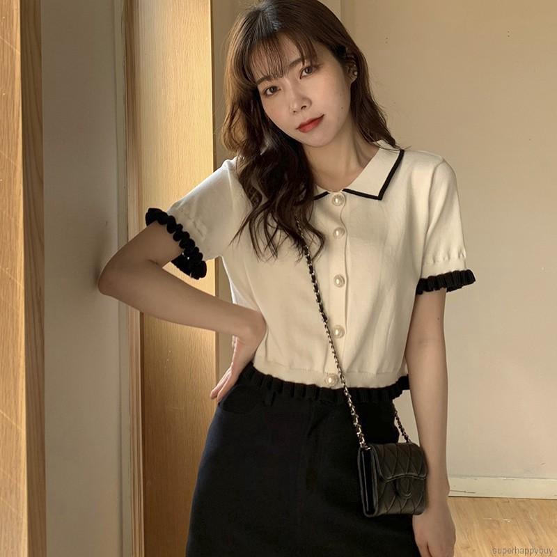 Áo thun tay ngắn có cổ bèo ngọt ngào thời trang cho nữ