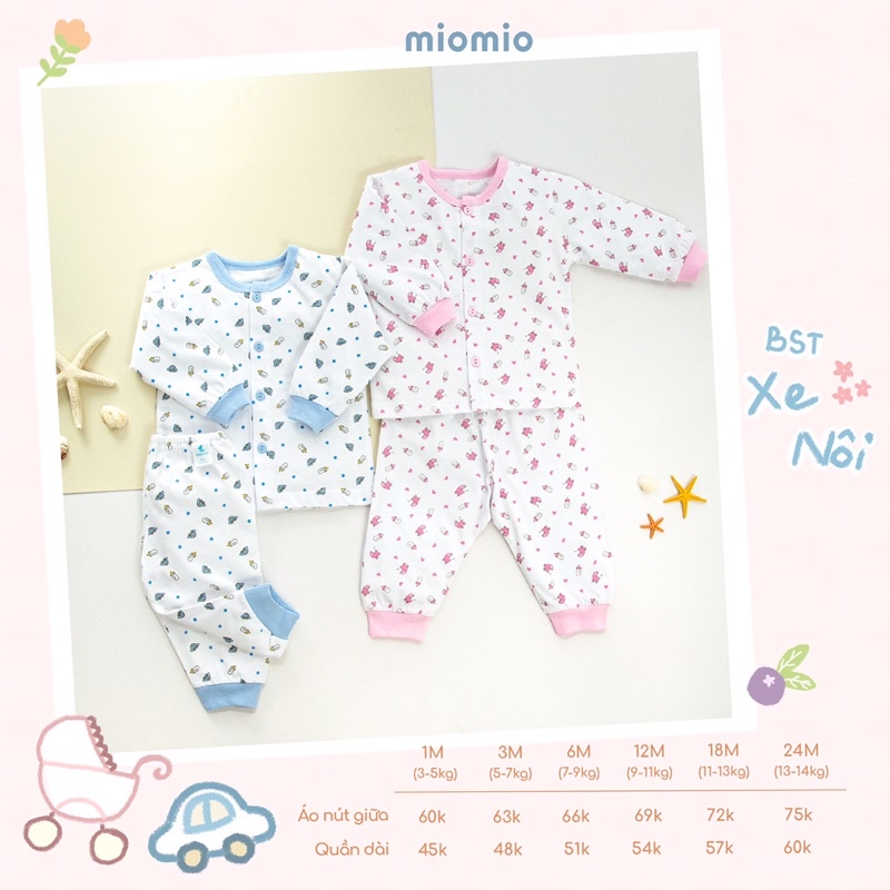 Bộ Quần Áo Sơ Sinh Dài Tay, Nút Giữa MIOMIO - Hoạ Tiết Xe Nôi Cho Bé Trai, Bé Gái , Vải Cotton