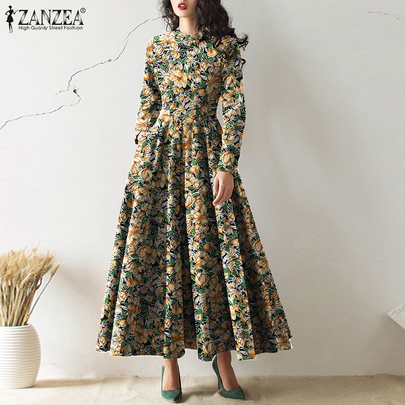 Đầm ZANZEA maxi dáng xòe dài phối khóa kéo lưng tay dài in hoạ tiết vintage cho nữ