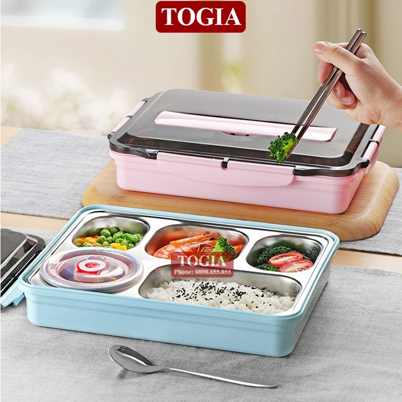 Hộp Cơm Giữ Nhiệt - Khay Đựng Cơm Văn Phòng Chia Ngăn Kèm Bát Ăn Inox Và Thìa Đũa Cao Cấp TOGIA