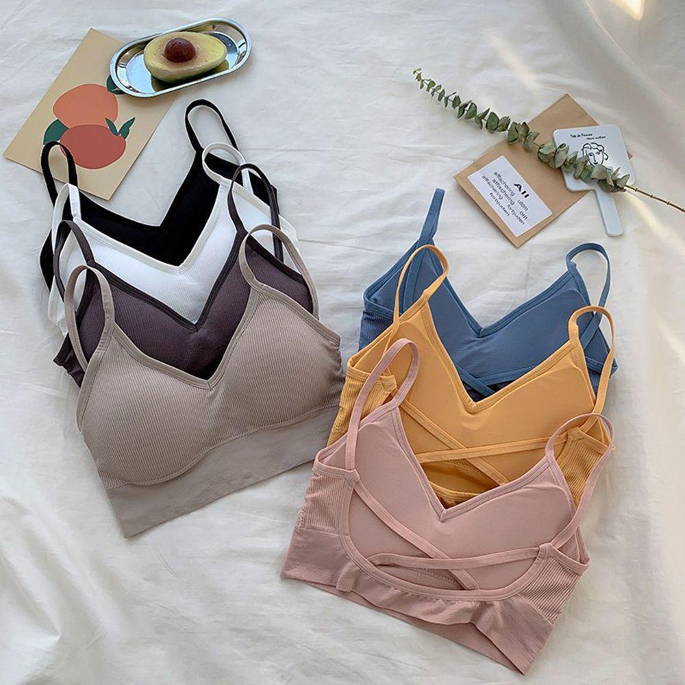 Áo Lót Không Đường May Có Đệm Nâng Ngực Màu Trơn Dây Mỏng Lưng Cho Nữ